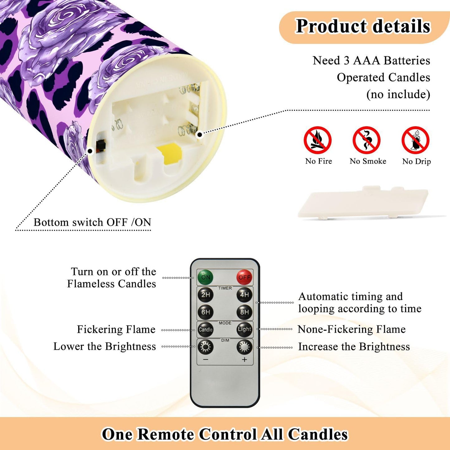 ALAZA Purple Leopard Print Rose Pattern Flickering Flameless Candles Battery Operated with Remote Timer,Tea Light Candles LED Pillar Votive Set of 2 for Outdoor Indoor Decorations 3" x5.9"