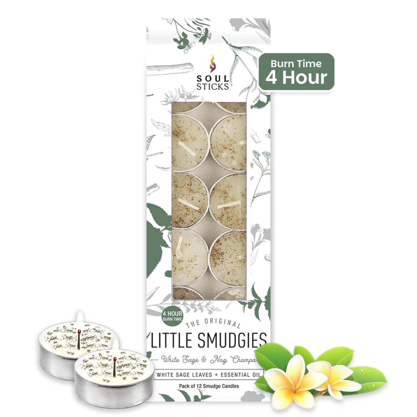 SOUL STICKS 12 Pack Little Smudgies Tealight Candles Smudge Candle for Cleansing House, Meditation, Chakra Healing | Made with Crystals and Herbs (White Sage & Nag Champa)