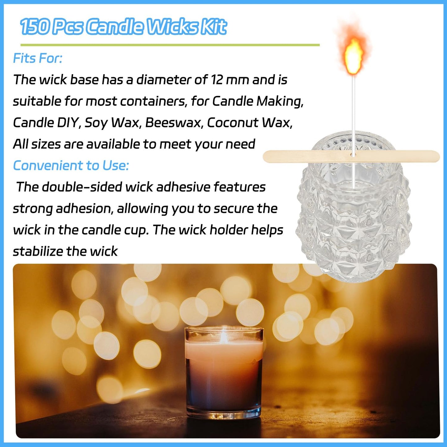 150 Pcs Candle Wicks Kit, Pre Waxed Cotton Wick with 150 Pcs Wick Stickers and 10 Pcs Candle Wick Holders for Soy Wax, Beeswax, Coconut Wax Candle Making and DIY