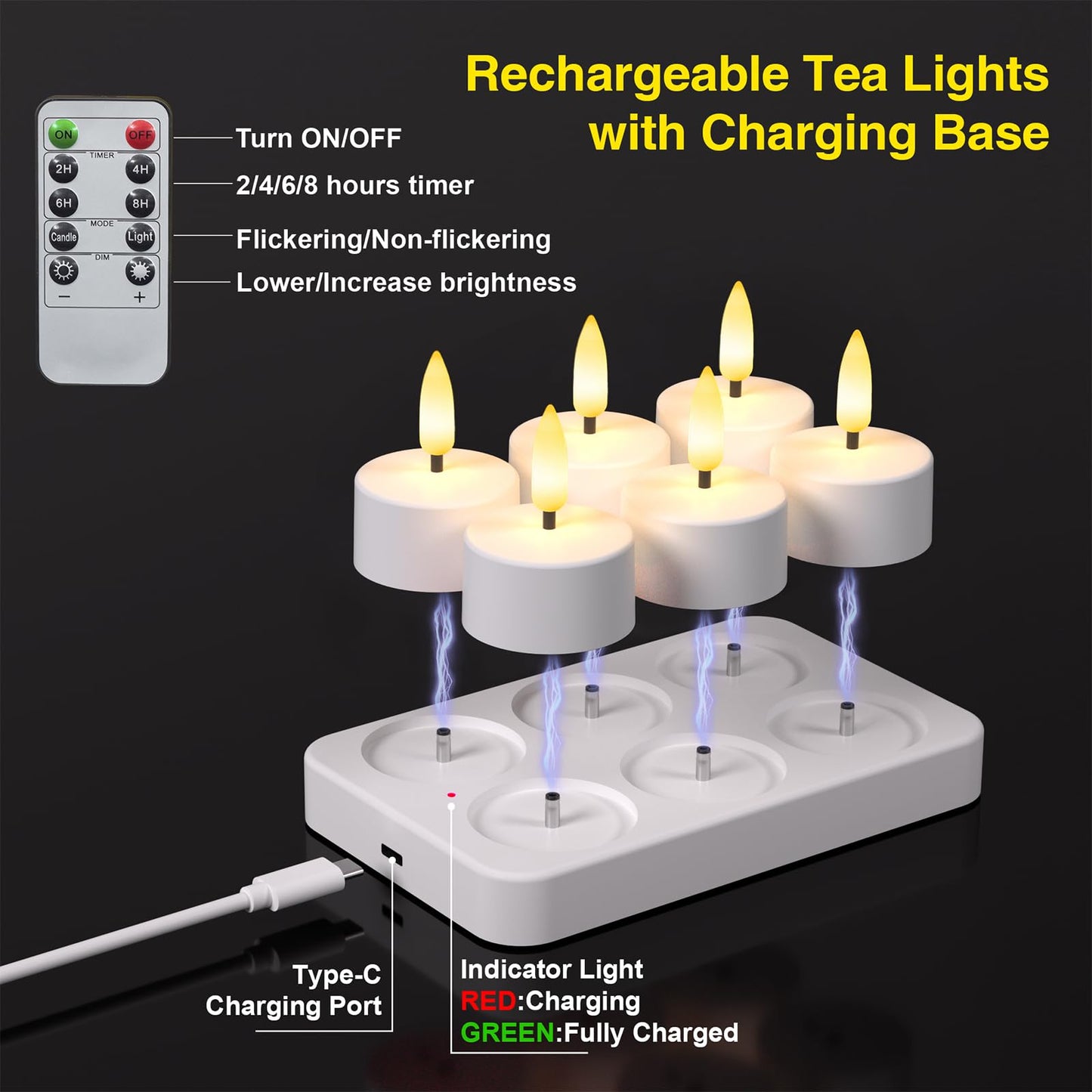 Staerysky Flameless Tea Lights Candles with Charging Station,LED Tea Lights Candles with Remote Control Timer for Valentine's Day,Wedding,Centerpiece Table Decorations,Anniversary,Home Decor,6-Pack