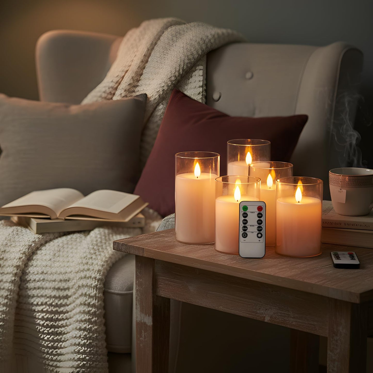 NICEME Flickering Flameless Candles with Remote Timer Unbreakable Acrylic Battery Operated LED Candles with Flickering Flame 3D Wick for Romantic Ambience Home Decor Set of 5, D3” xH4” 4” 5” 5” 6”