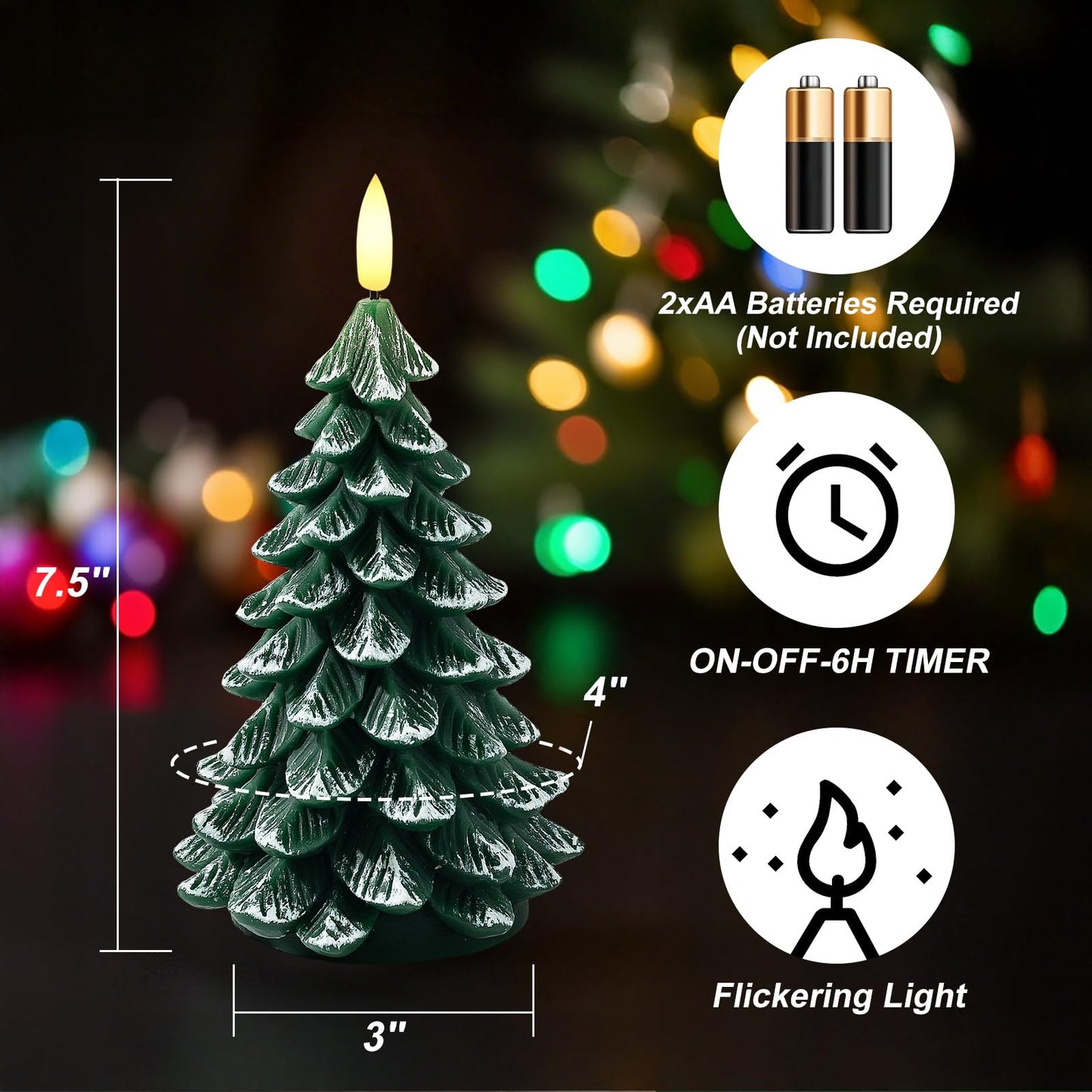 ARIKJ Christmas Decorations Indoor, Christmas Decor - Christmas Tree Candles Battery Operated, Flameless LED Candle Lights with 6H Timer, Xmas Home Decor, Set of 2(Green)