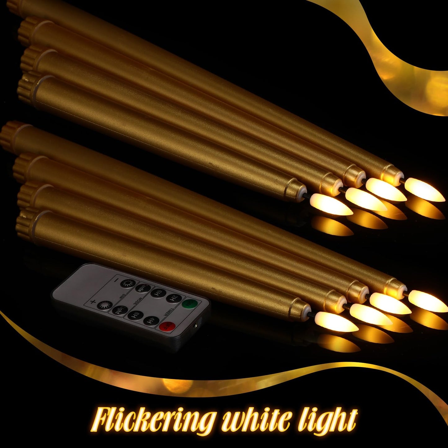 Rossesay 28 Pcs Flameless Taper Candles with Timer Remote 4 Sizes of 8.5", 9.6", 10.83", 12.8" LED Flickering Taper Candles Battery Operated for Valentine's Day Church Wedding Home Decor(Gold)