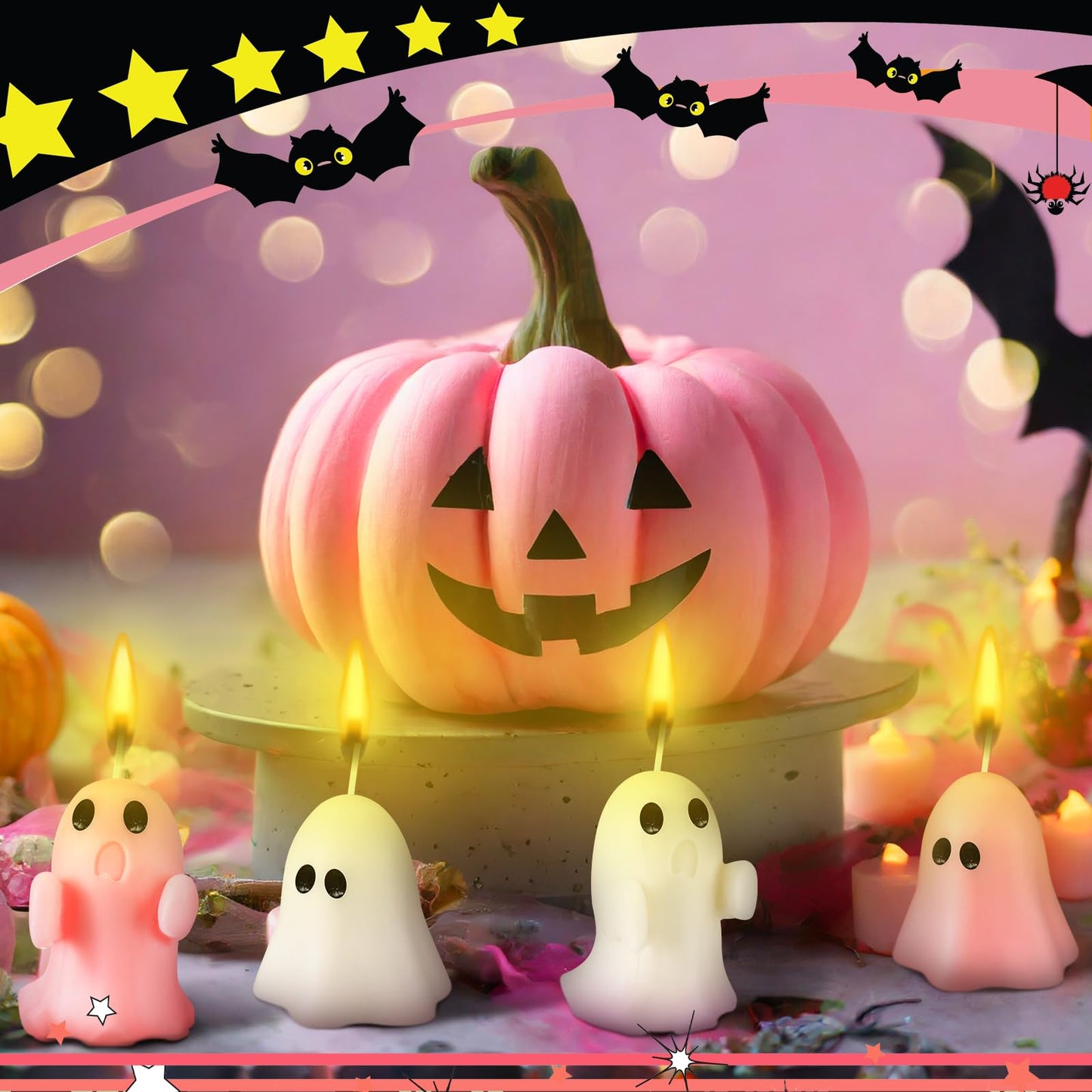 Minatee 4 Pieces Large Pink Halloween Ghost Candles Cute Pastel Spooky Goth Decor Burning Scented Wax Candles Gifts for Boo Basket Stuffers Halloween Room Table Indoor Decorations, 2 Style