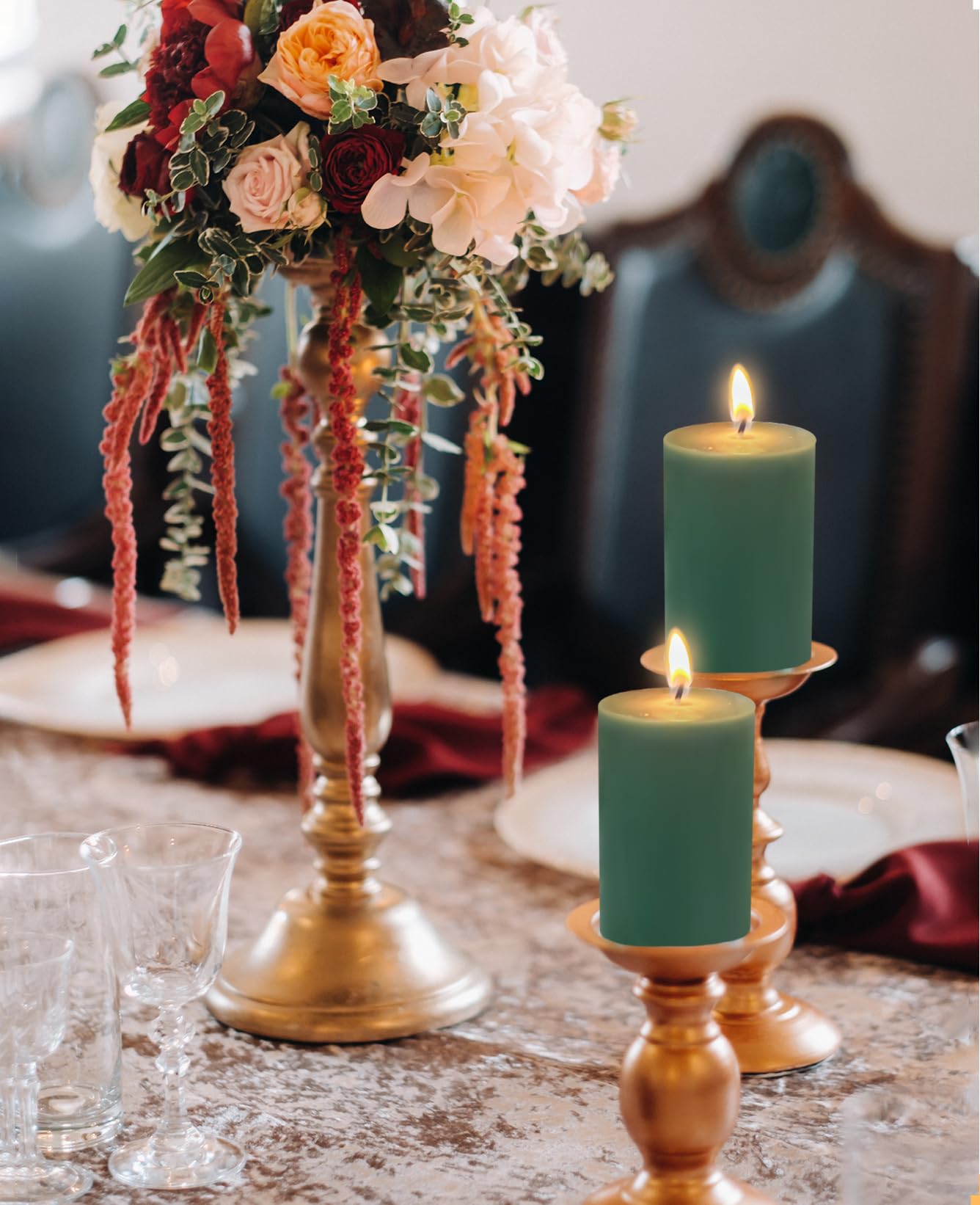 6 Pack 2x3 inch Pillar Candles, Green Unscented Votive Candle for Celebration Home Decoration, Dripless and Long Burning Time