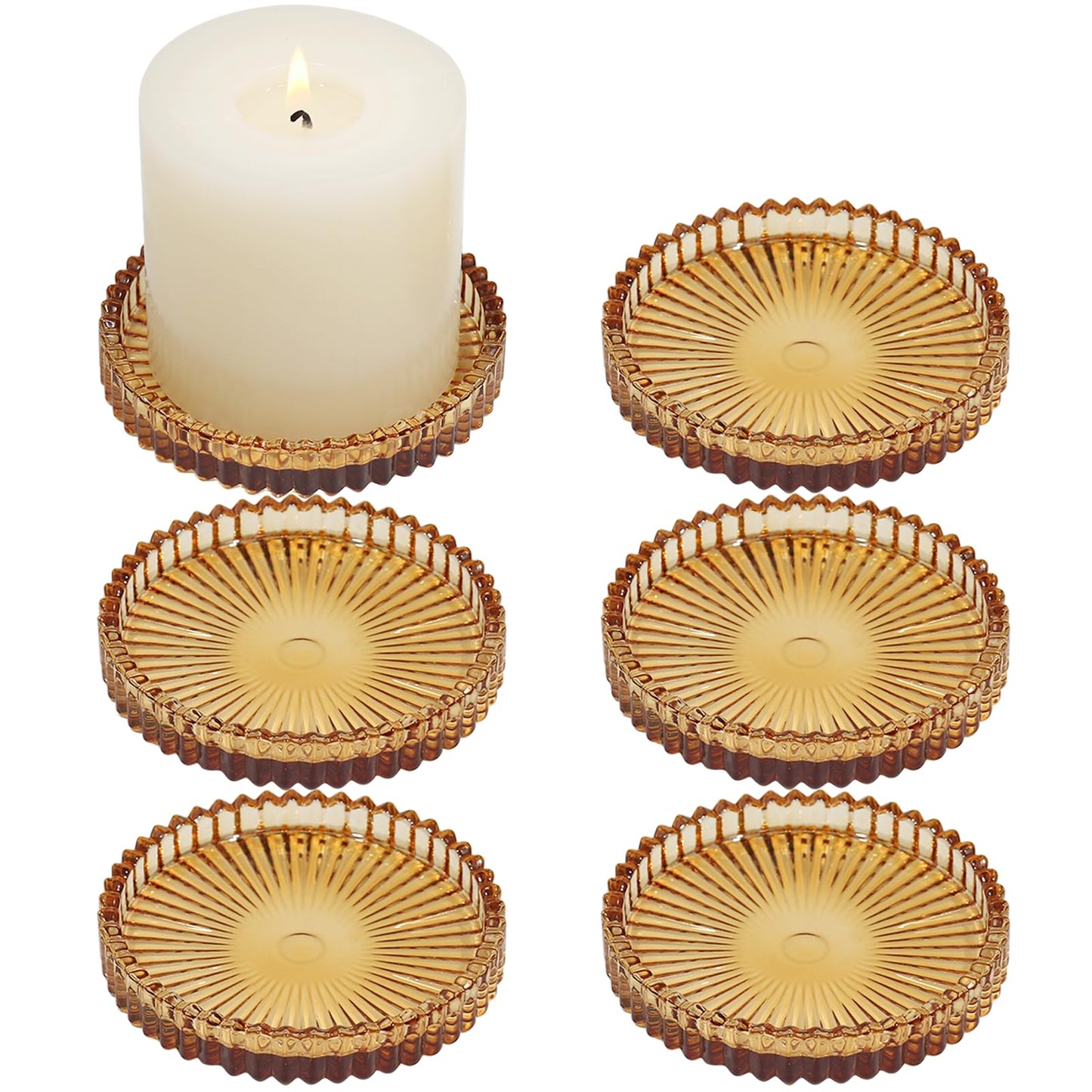 CHOCSTAY Glass Pillar Candle Holder, 4" Amber Candle Plates Set of 6, Glass Candle Holders for Wedding, Party, Holiday, Home Decor, Table Centerpiece