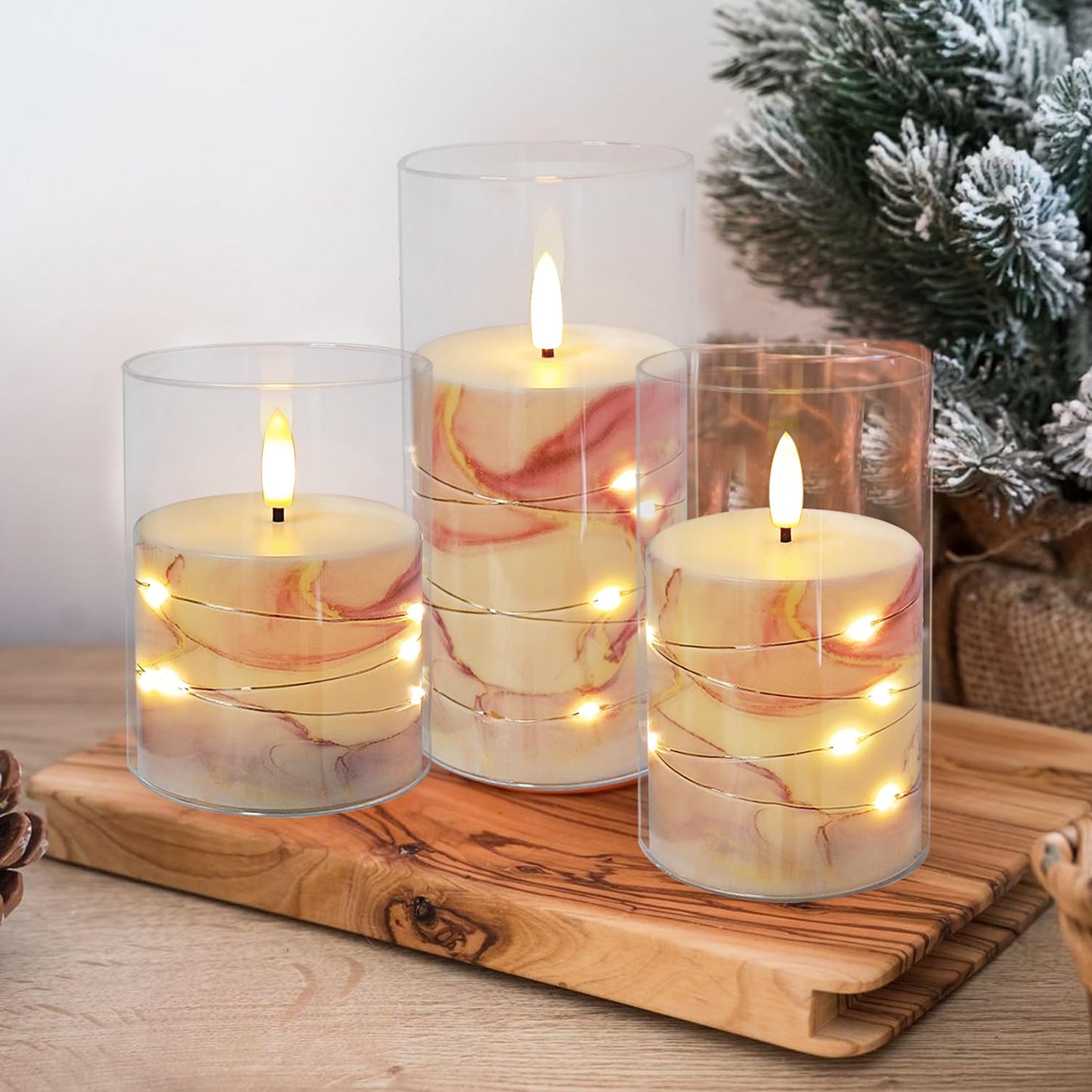 Flickering Flameless Candles Pink Marble Embedded Star String Lights, Battery Operated Acrylic LED Pillar Candles with 11-Key Remote and Timer for Home Decoration, 3 Pack
