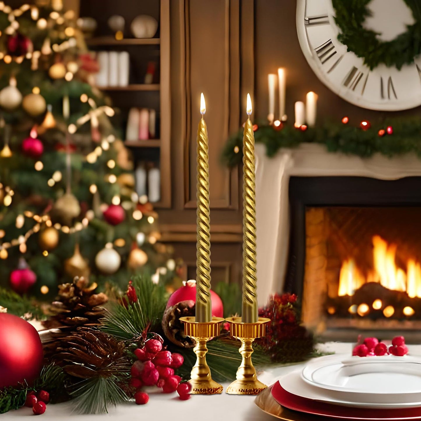 10 Inch Gold Spiral Taper Candles Set for Christmas, 12 Pack Unscented Twisted Candlesticks, Dripelss Thin Tapered Candles for Holiday Party Decoration