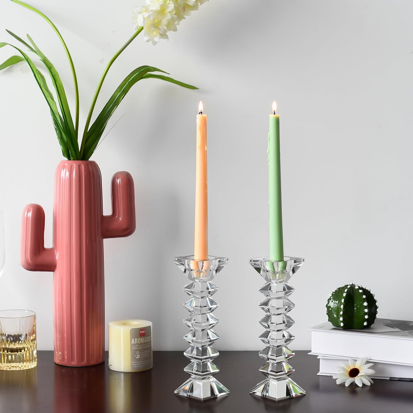 DONOUCLS Crystal Candlestick Holders 2 Pack, Clear Crystal Taper or Tealight Candles Holder, Table Centerpieces for Party Wedding Decoration(8.3in Tall)