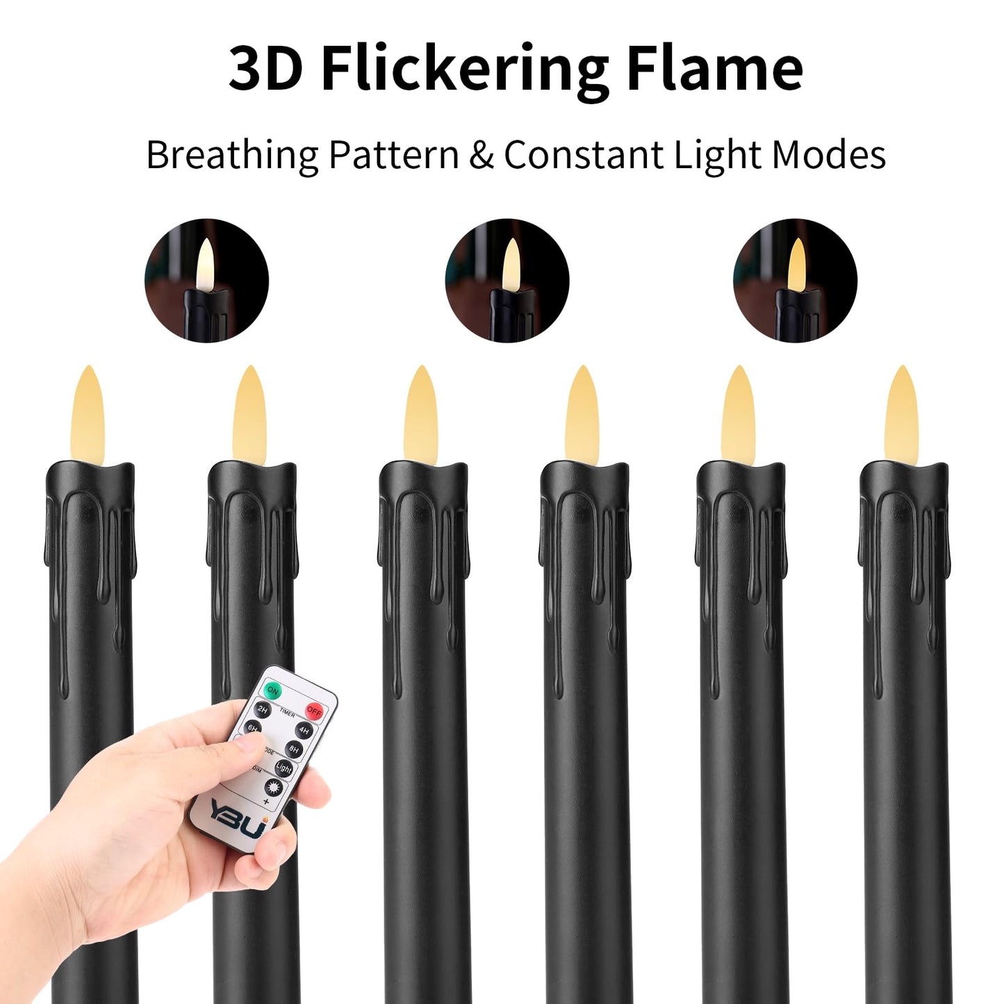 YBU Flameless Taper Candles with Remote 7 Inches Led Candle Sticks with Flickering Light Timer Dimmer Battery Operated Window Candles for Halloween Christmas Decoration (Black)