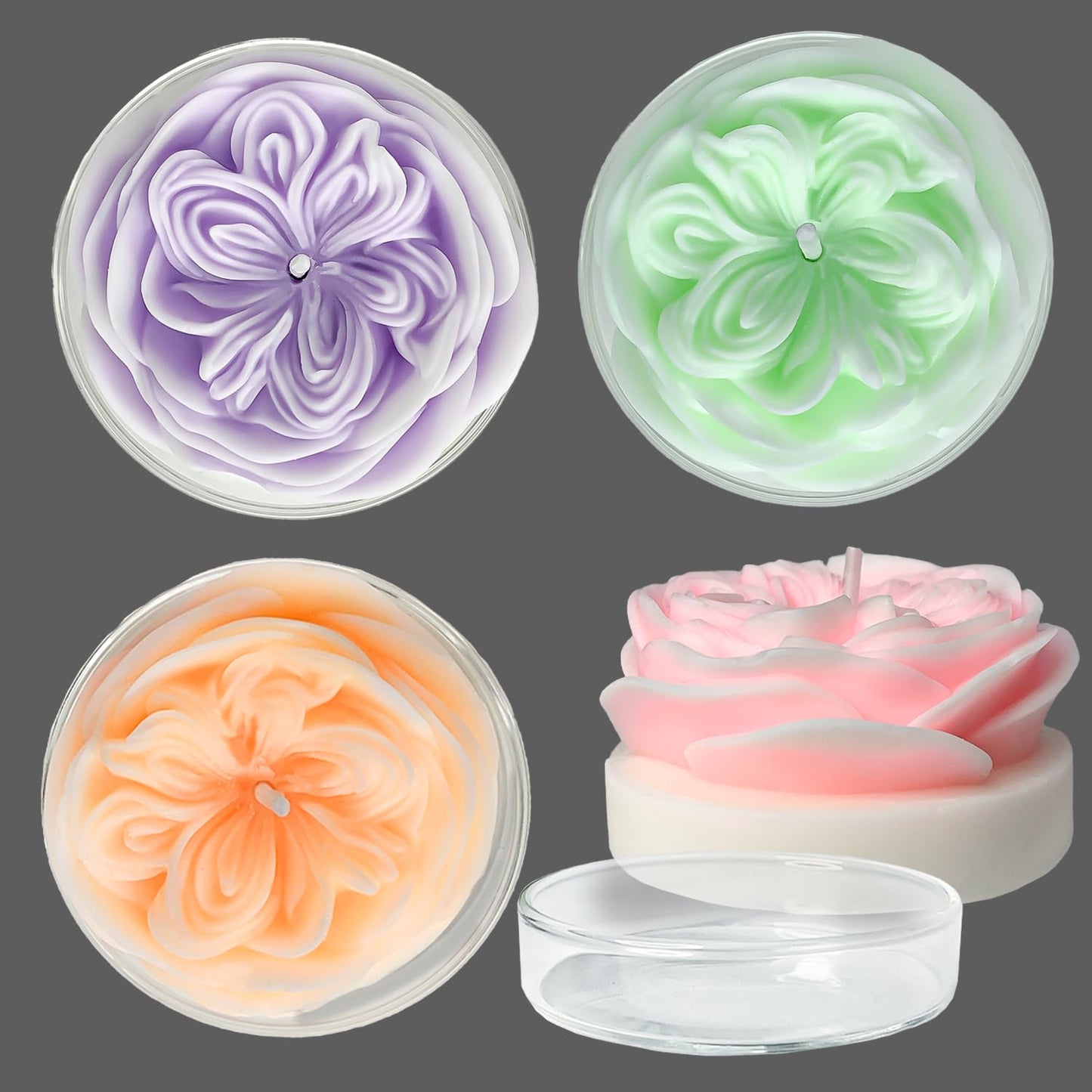 Flower Shaped Candles Gift for Women, 4 Rose Candles in Glass Tray, 8-Hour Burn Time, Include Pink, Purple,Orange,Green Rose Candle in Single Gifted Box by Kissingfish