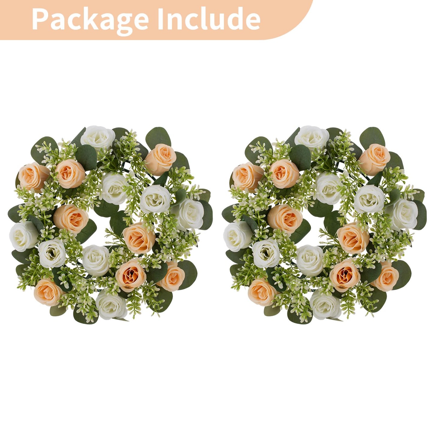 NUPTIO Flower Candle Rings Centerpieces: 13.4 Inch Champagne & White Artificial Rose Wreath for Wedding Party Christmas Decorations - Spring Summer Front Door Porch Decor 2 Pcs