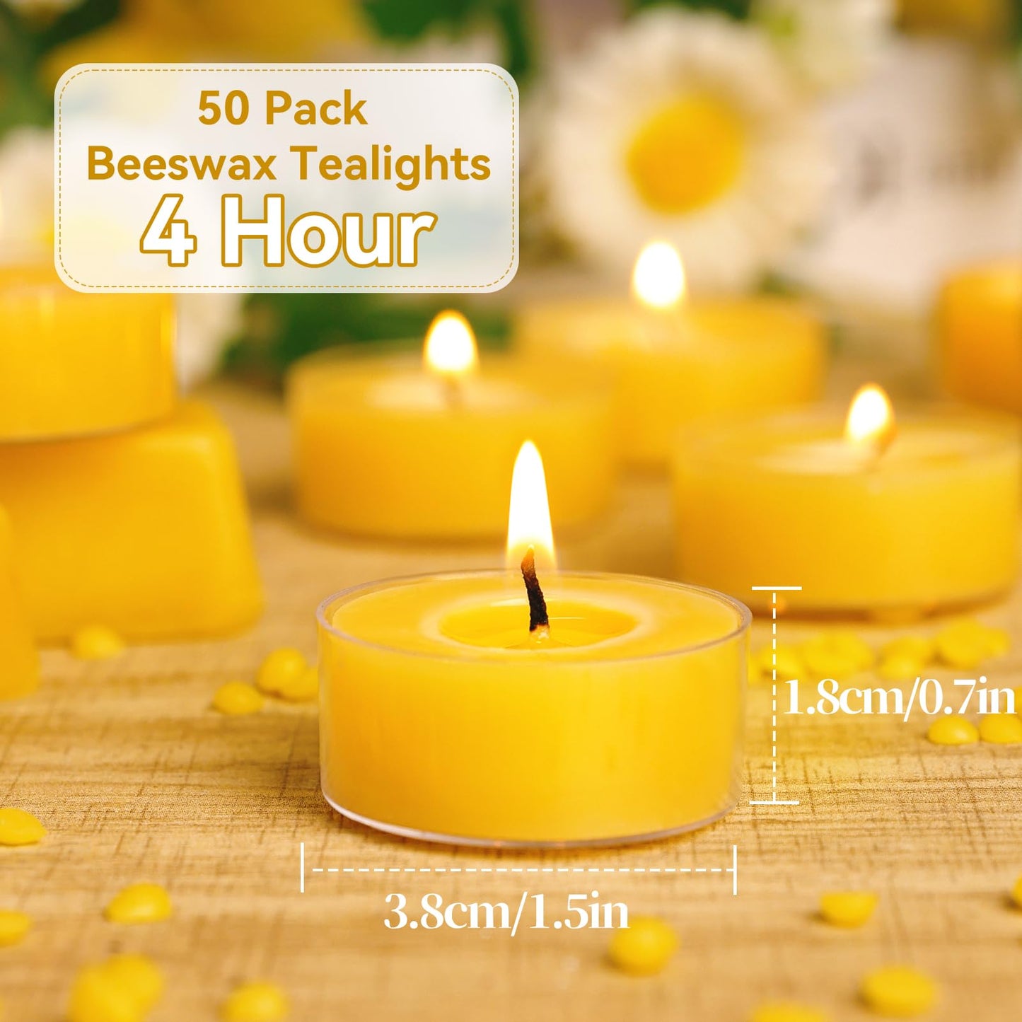 50 Packs Beeswax Tealight Candles Bulk,4 Hours 100% Pure Beeswax Tea Lights Candle in Clear Cup,Natural Scent Bees Wax Candles Small Smokeless Clean Burning Perfect for Home Decor for Party Christmas