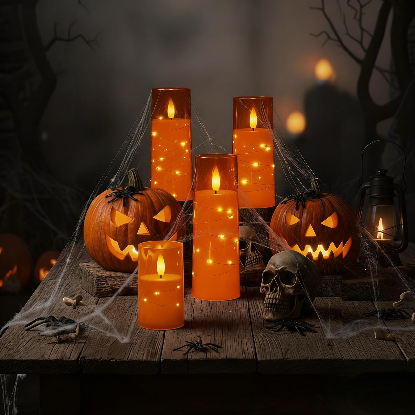 Raycare Flameless Candle with Remote Timer – 5 Flickering Acrylic Battery Operated LED Pillar Candles with Embedded Star String for Halloween, Home Decor, and as a Gift(Orange)