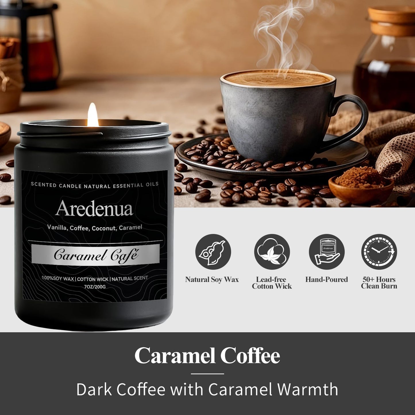 Caramel Coffee Candle | Soy Scented Candles for Home & Office, 50H Clean Burn, Manly Gifts for Fathers Day – Aromatherapy Candle for Dad or Husband, Cozy Coffee & Caramel Scent