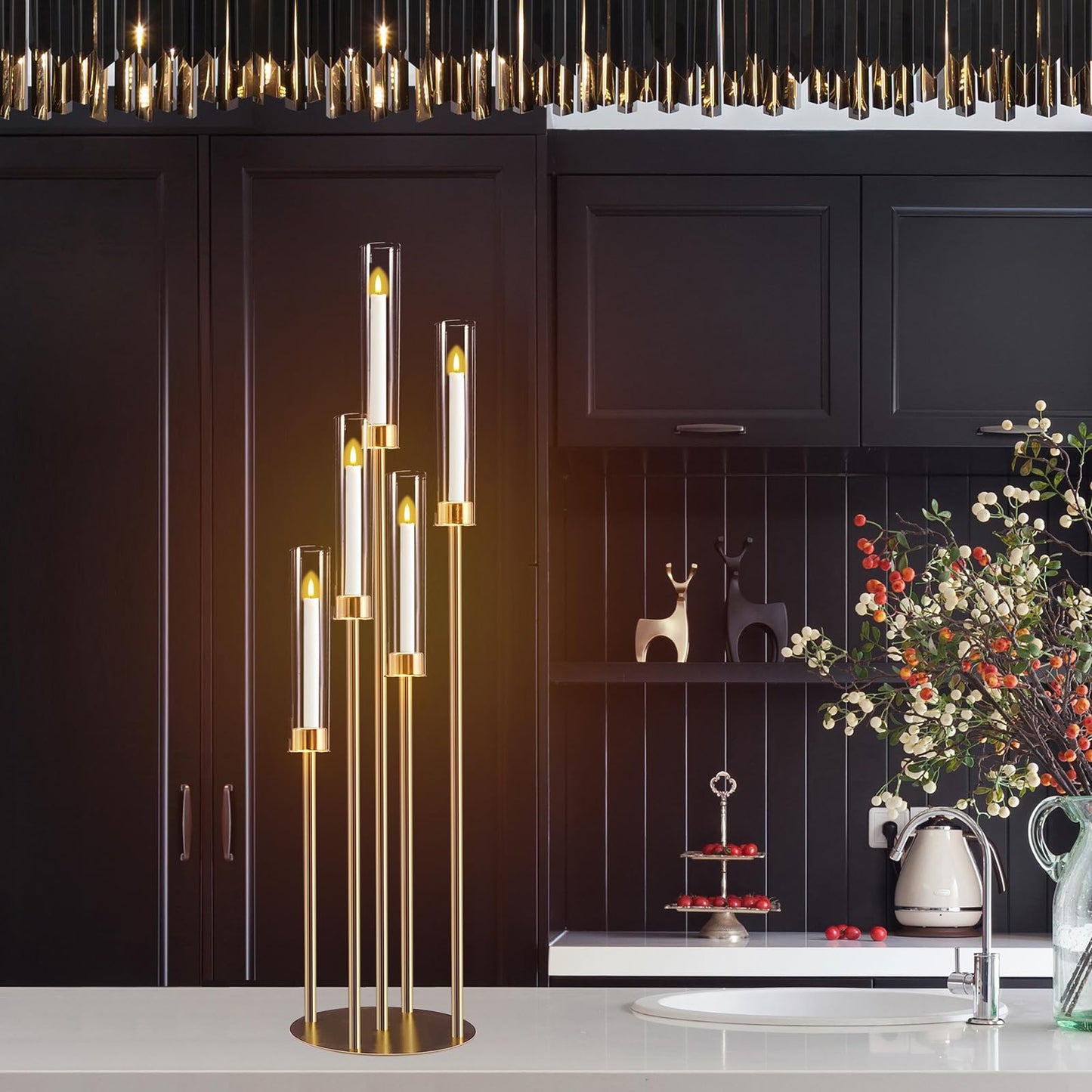 Gold 5-Arm Metal Cluster Taper Candelabra Candle Holders Includes Led Candles & Remote Control, Votive Pillar Candle Holders, Round Wedding Candelabra with Acrylic Shade (1, Gold, 41.3'' x 9.84'')