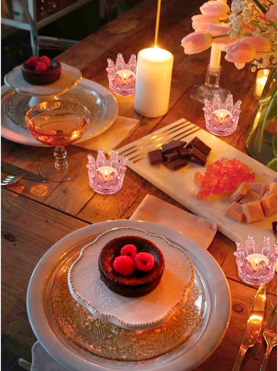 Vixdonos Votive Candle Holders Set of 6 Crown Glass Tealight Candle Holder for Wedding, Party and Home Decor (Pink)