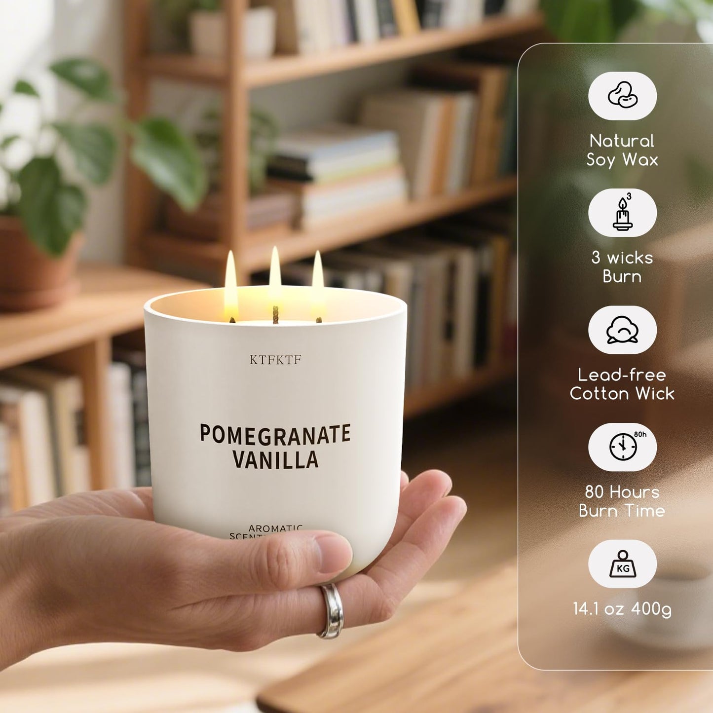KTFKTF Pomegranate Vanilla Scented Candle for Home, 14.1oz 80H Long Lasting Aromatherapy Candles for Warmth & Festivity, Non-Toxic Essential Oil & Soy Wax | Fruity-Sweet Vanilla Fragrance