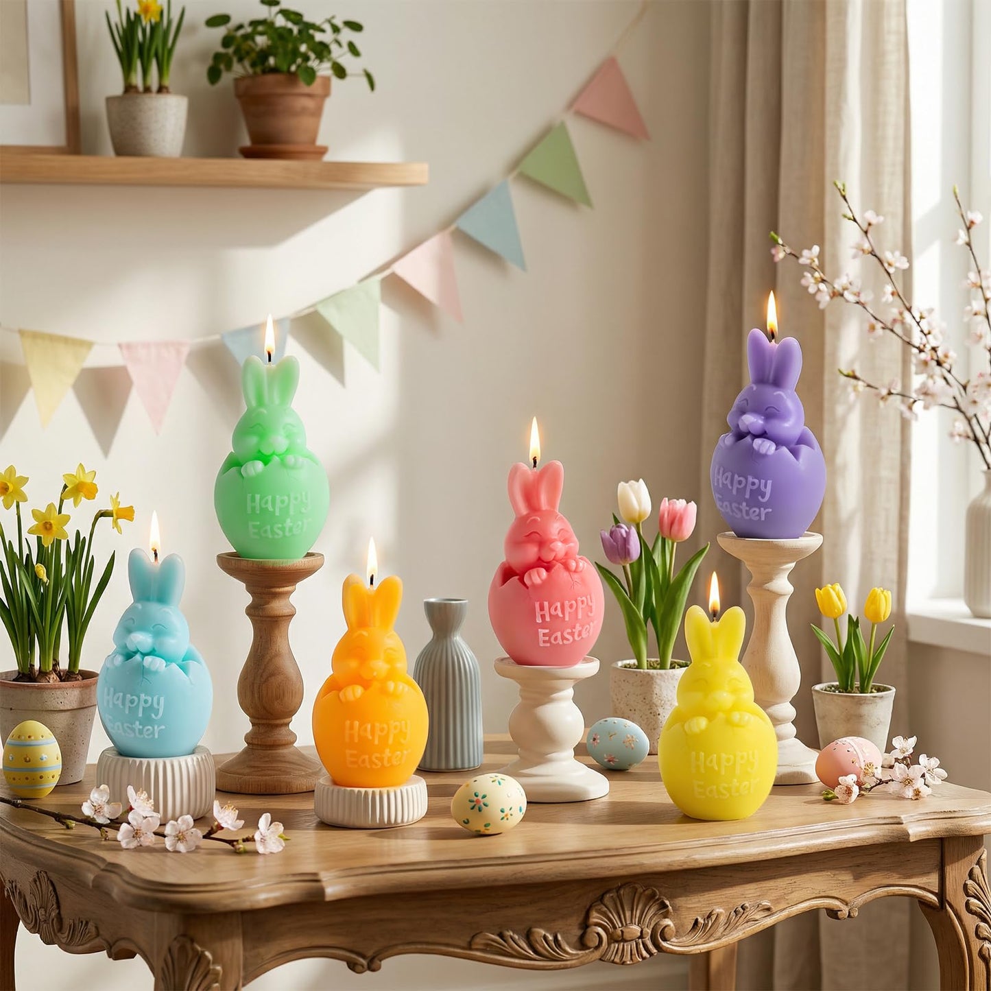 Lanpn 6 Pcs Easter Bunny Candles Gift Set, Mini Rabbit Shaped Votive Tea Lights, Easter Flower & Fruit Scented Candles, Each 4.4 oz, Spring Party Holiday Decor Home Table Centerpiece, Macaron Color