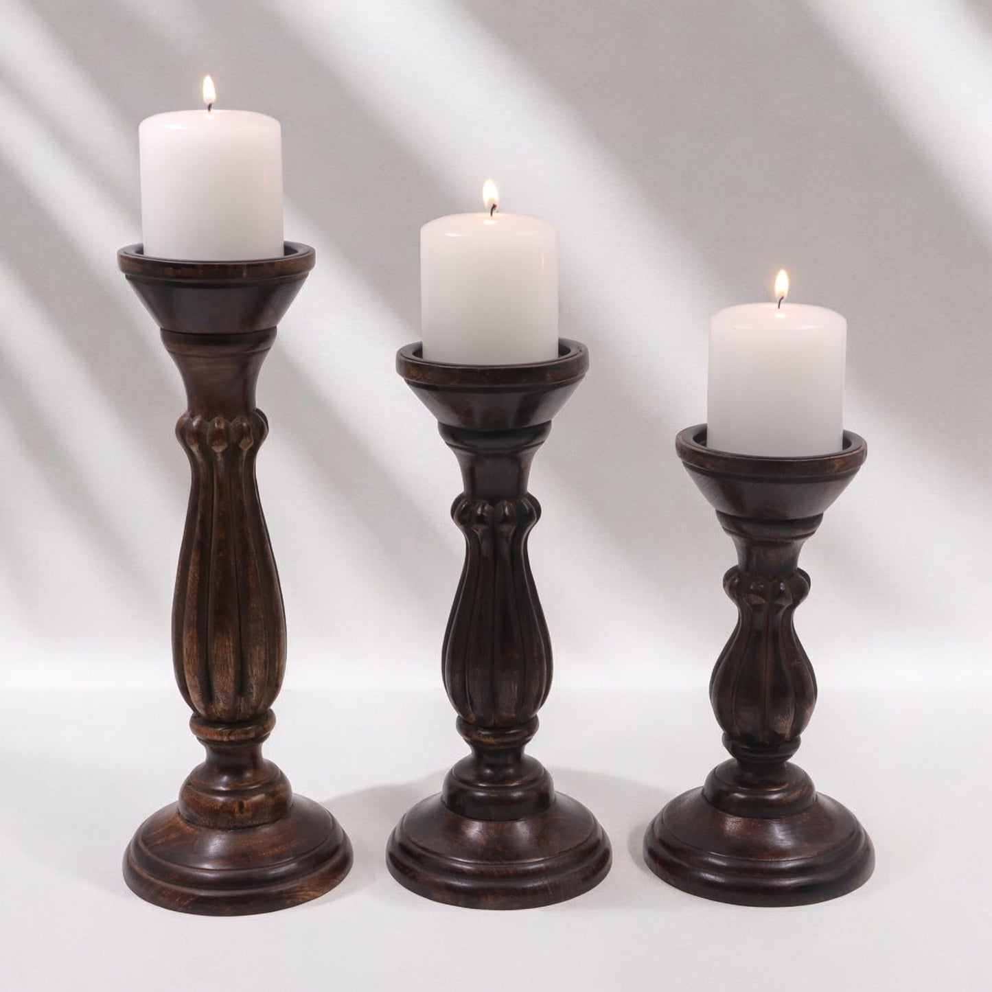 Hosley Set of 3 Dark Brown Wood Pillar Candle Holders 13 Inches 11 Inches and 9 Inches High Ideal for LED and Pillar Candles Gifts for Weddings Party Home Spa Reiki Aromatherapy