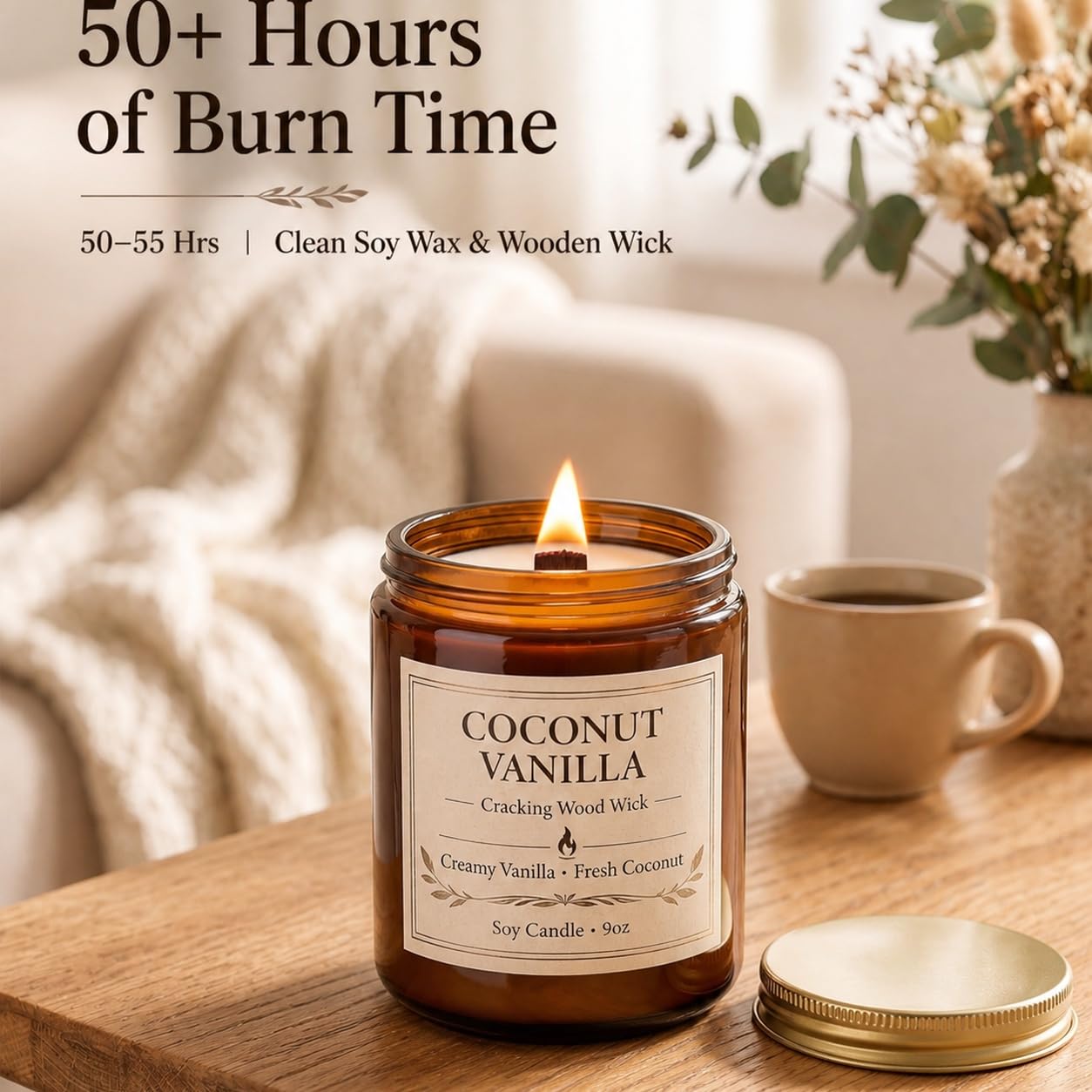 Coconut Vanilla Scented Candles for Home, 9oz Long Burning Soy Candles for Women, Wood Wick Natural Non Toxic Candle Jar, Aromatherapy Candle Gift for Home Bedroom Bathroom Office