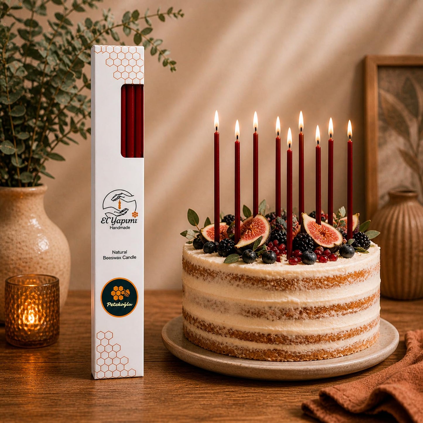 Petekoğlu 15-Pack Beeswax Wish Candles – Handcrafted, Drip-Free, Smoke-Free Slim Taper Candles for Rituals, Meditation, Birthday & Home Décor – Natural Honey Scent 7.87” x 0.24” (Burgundy)