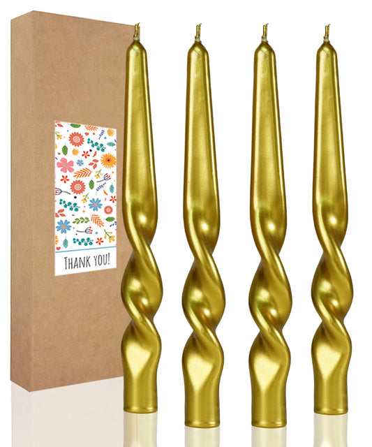 LPUSA Spiral Taper Candles Twisted Candle Conical Stick Candles for Holiday Wedding Party Wax Unscented Dinner Candle Dripless,Christmas Gift H 10 Inch,4pcs（Gold-A）