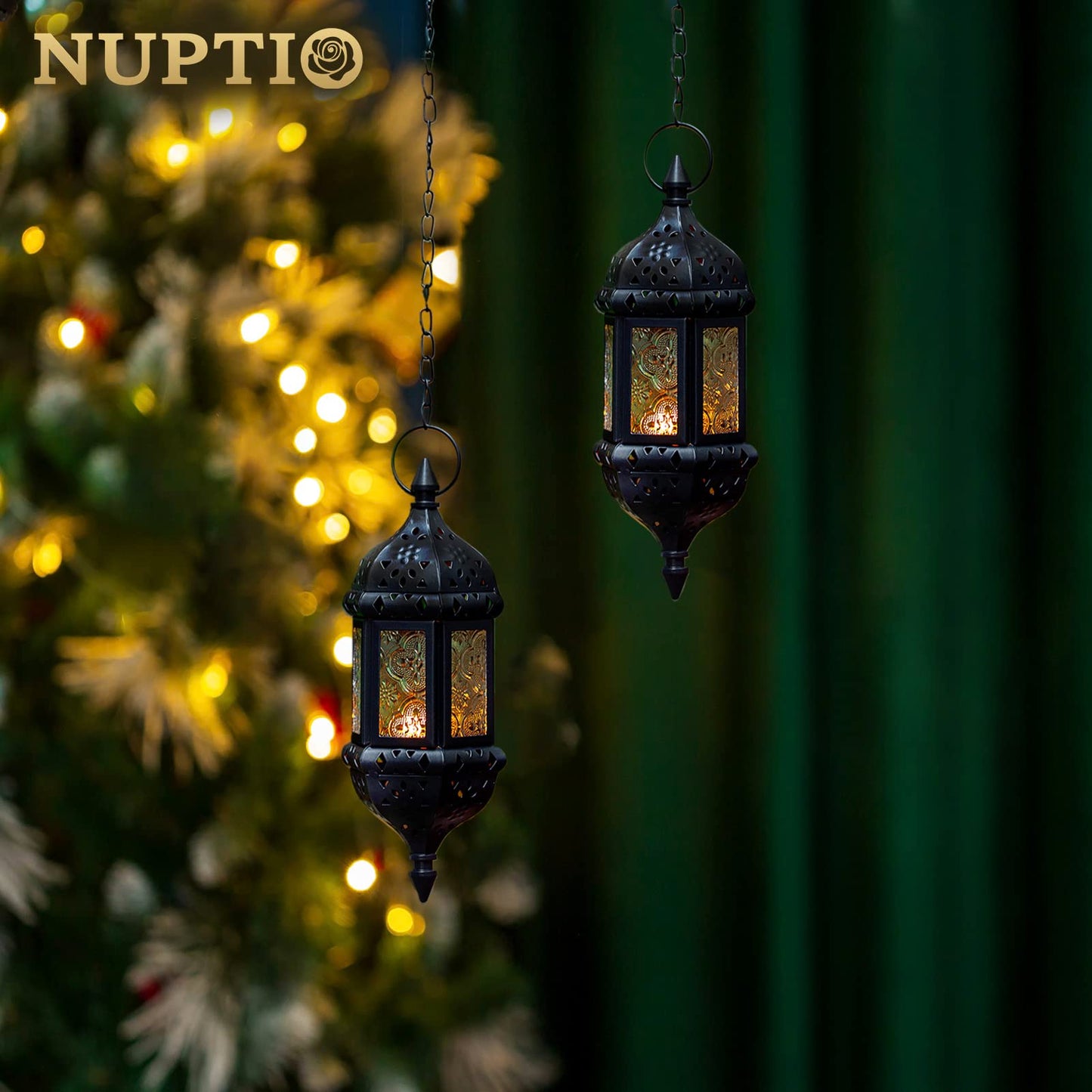 2 Pcs Hanging Candle Lantern Moroccan Chandelier Retro Candle Holder Moroccan Vintage Metal Hollow Wedding Hanging Candle Holders Lantern Contain 35cm Chain, Black