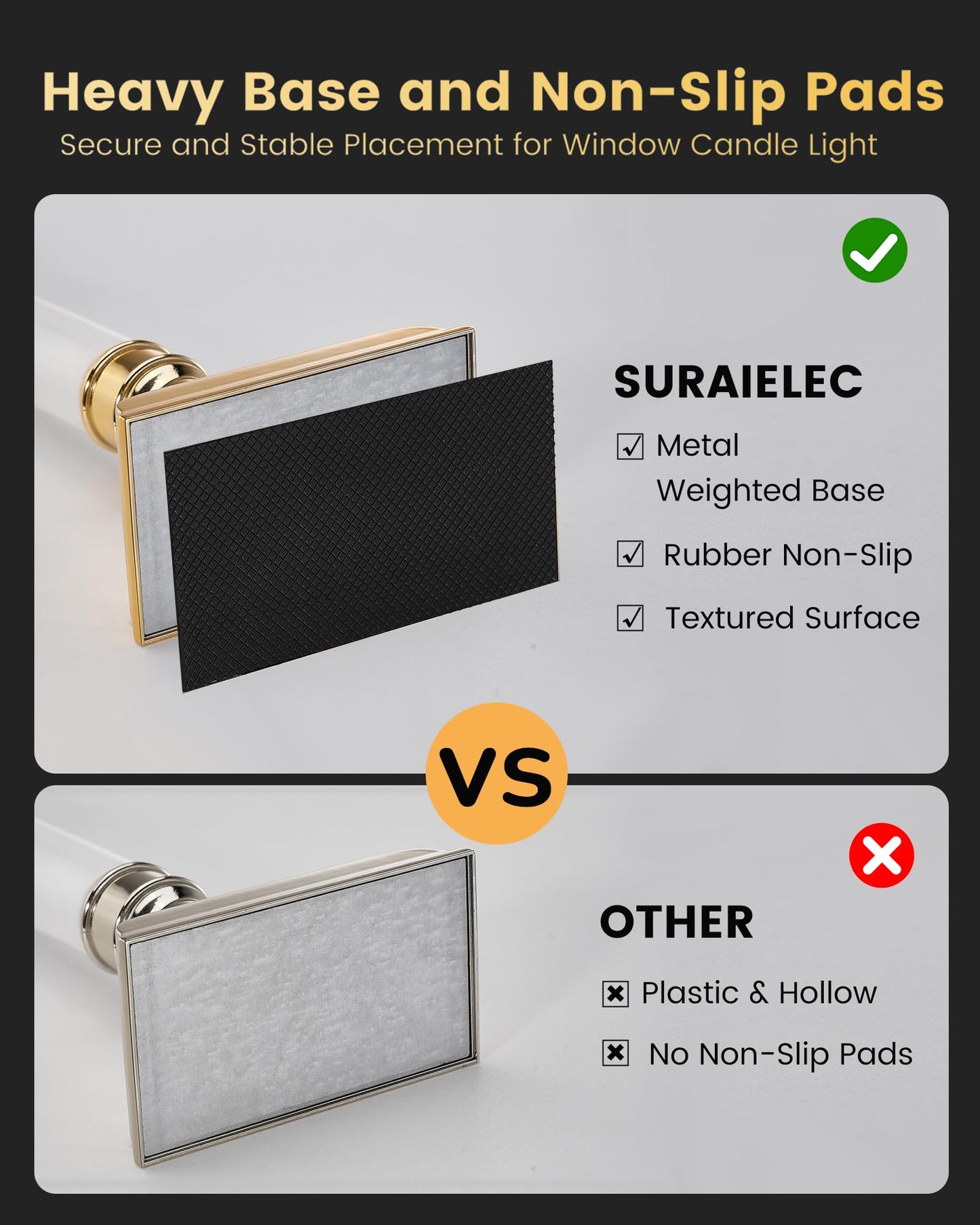 SURAIELEC 4 Pack Battery Operated Window Candles with Timer, Window Candle Lights with Removable Candle Holders, LED Christmas Candles for Christmas Windows, Mantel, Dining Table, Gloss Gold