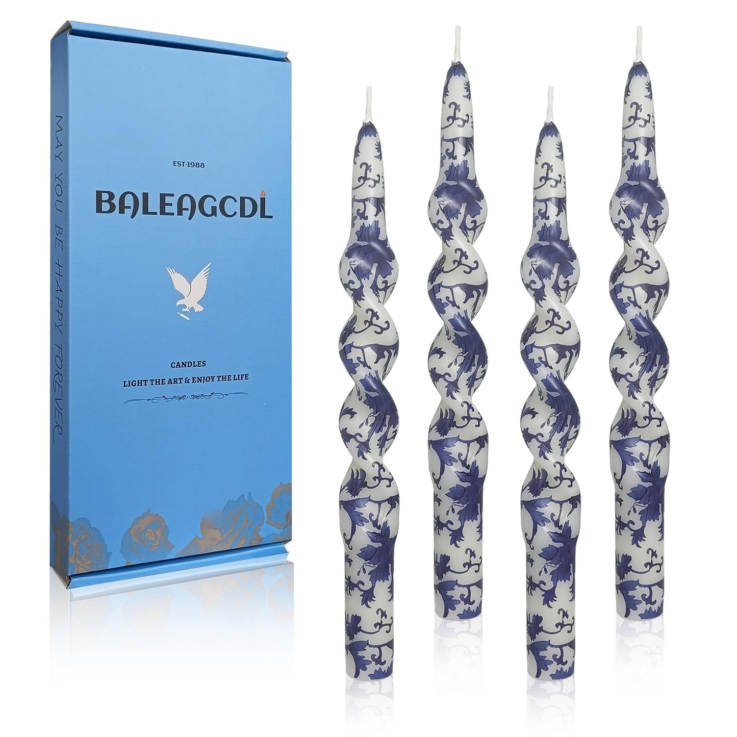 Unscented Floral Taper Candle Spiral Candlesticks - Set of 4 Blue and White Handmade Twisted Candle 10 Inch Long Print Tapered Candles for Home Wedding Dinner