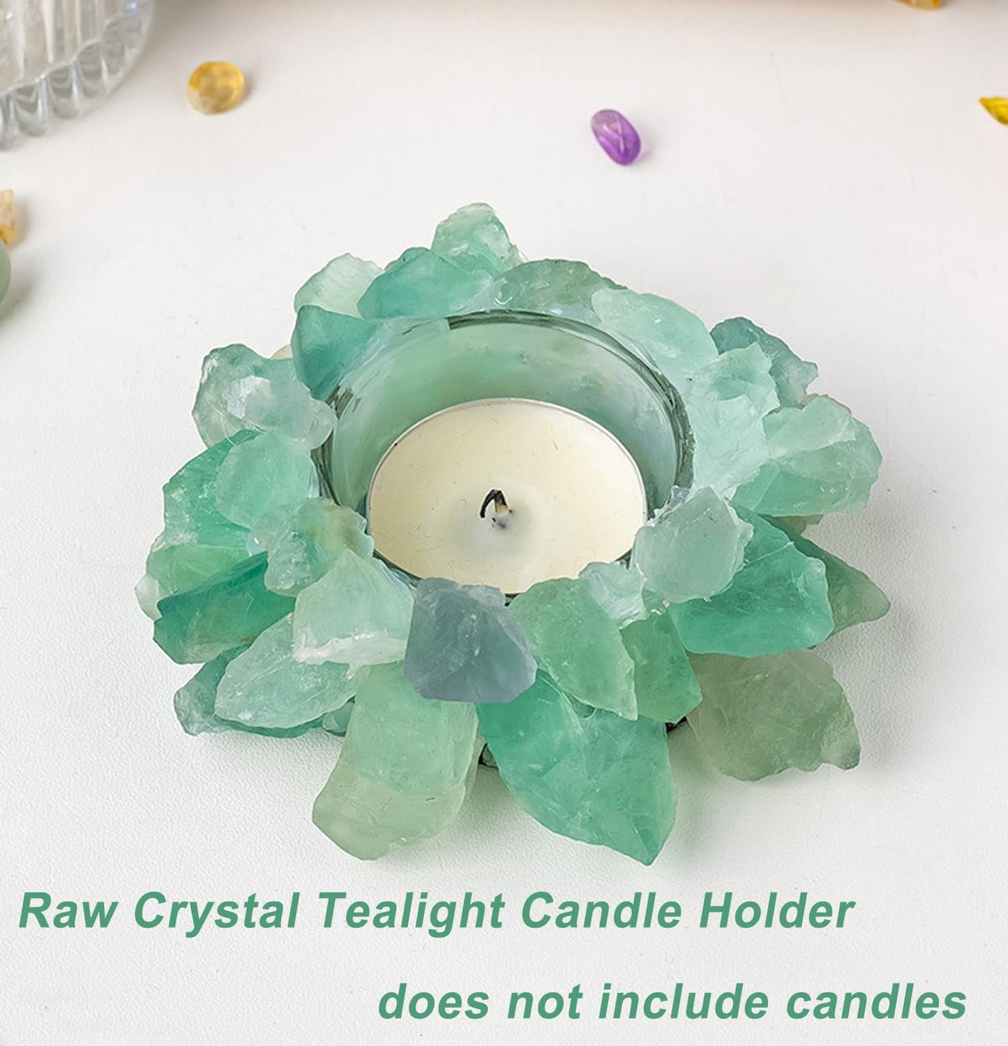 Natural Green Fluorite Crystals, Raw Crystal Tealight Candle Holder Crystal Stone Candle Stand High Energy Geode Votive with Healing Effects (Not Included Candle)