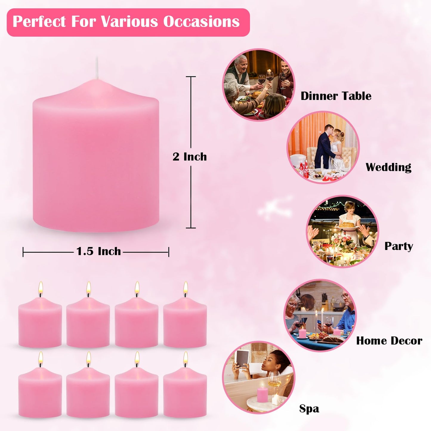 Pink Votive Candle,Box of 24, Unscented Wax, Small Pillar Candles10 Hour Burn Time，for Wedding, Birthday, Party, Spa, Holiday & Home Decoration