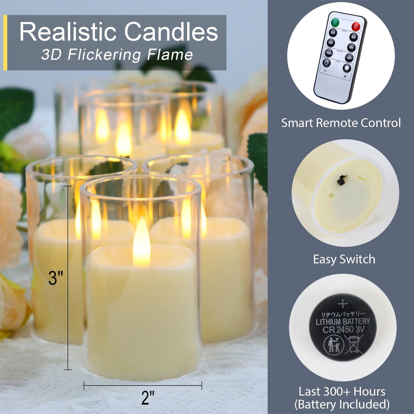 Kuandawei 6 Pack Flickering Flameless Votive Candles with Timer and Remote, Battery Operated Long Lasting 300+ Hours, Small Pillar LED Fake Candles for Wedding Home Decor, Acrylic Shell, 2" x 3"