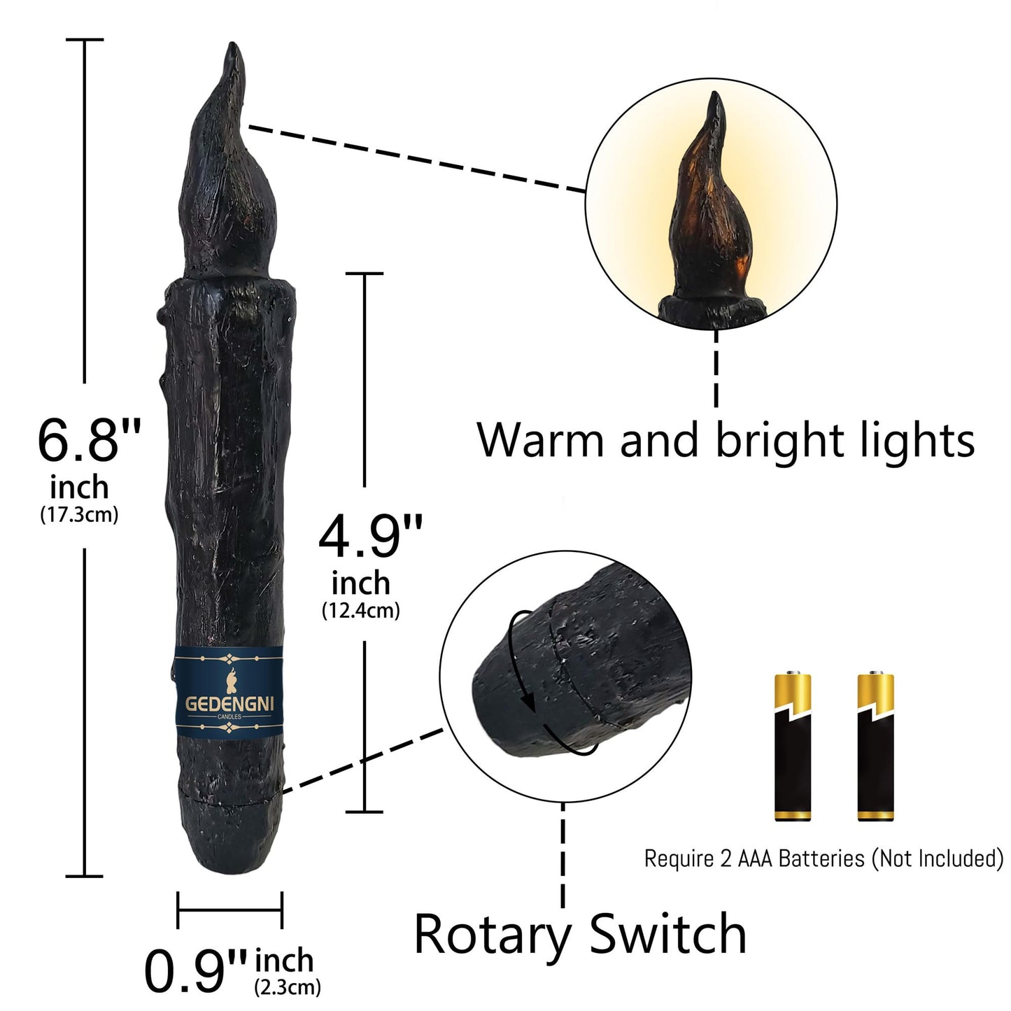 Gedengni Magical Candlesticks Flameless Taper Candle, 2pcs Black LED Tapered Candles Remote Dipped Candle 6inch Battery Chandelier for Enchanting Weddings and Harry Potter Inspired Vigils(LW2P-BA)