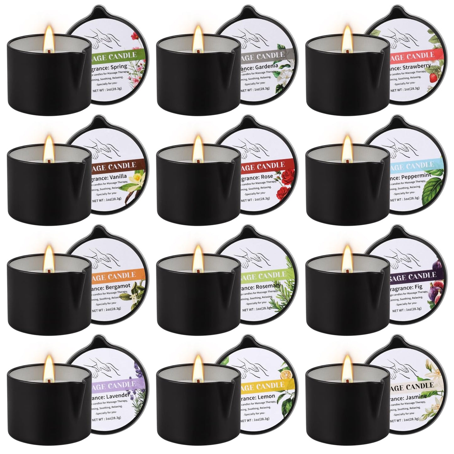 12pcs Massage Oil Candle,Moisturising Natural Soybeans Gift Sets,1oz Low Temperature Body Oil Scented Candles for Home Spa & Relaxation