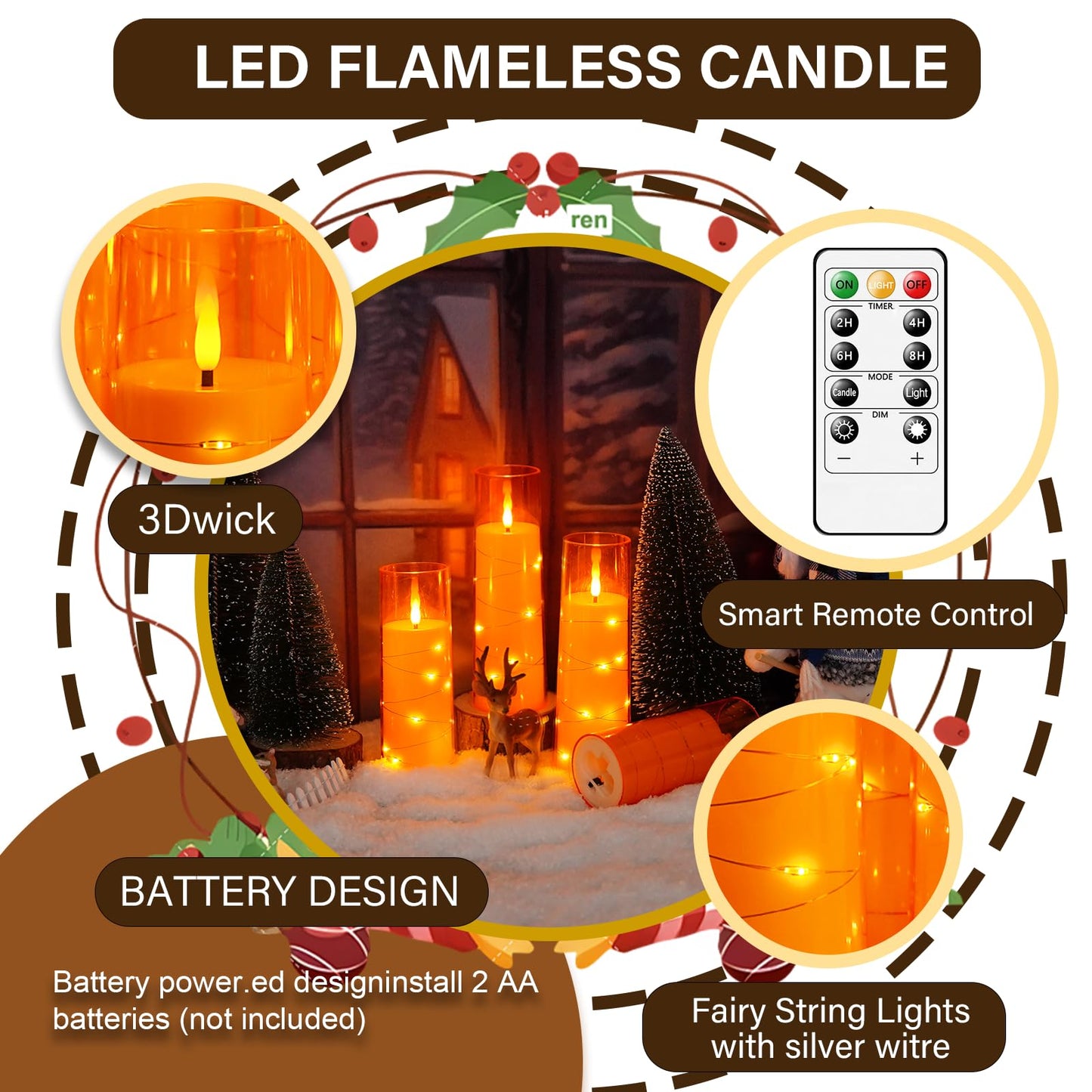 kakoya Flameless LED Candles with Timer 9 Pc Flickering Flameless Candles for Romantic Ambiance and Home Decoration Stable Acrylic Shell,with Embedded Star String，Battery Operated Candles（Orange）