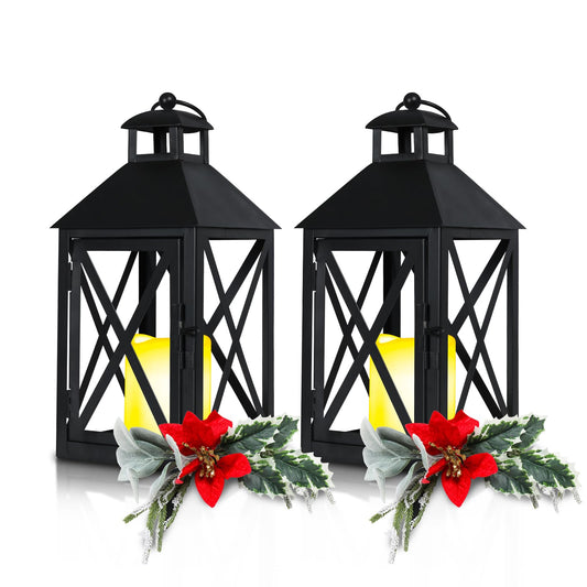 Taman Candle Lantern with Led Flameless Candle (6hr Timer),2-Pack 14" Decorative Metal Vintage Light Battery Operated Umbrella Lights for Christmas Patio Garden, Table,Party Decor