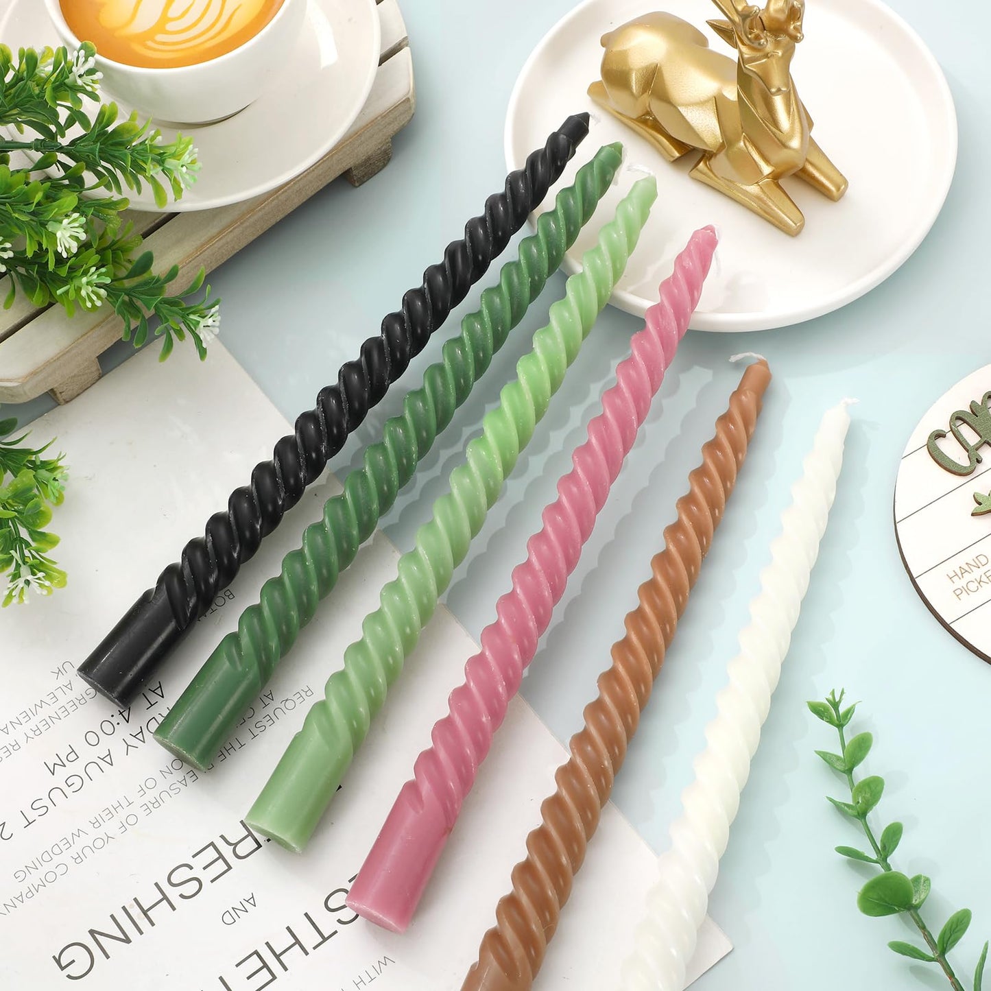 Whaline 12 Pcs 10 Inch Boho Spiral Taper Candles 6 Colors Dripless Twisted Wax Candles Long Unscented Candle Sticks for Home Party Dinner Table Supplies