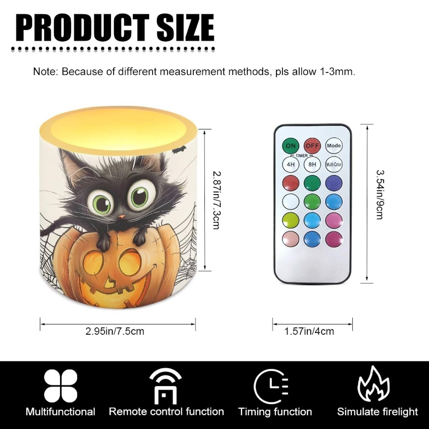 Merkmak Pack of 4 Halloween Flameless Candles with Remote Battery Operated Candles with Timer Flickering LED Elictric Pillar Tealights for Indoor Outdoor Home Decor, Spider Web Black Cat Bat
