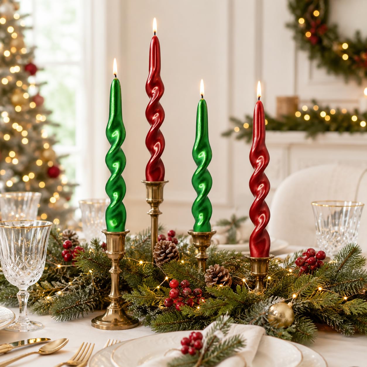 Metal Red Green Spiral Taper Candles Set of 4, 10 Inch Handmade Candle Stick, Unscented Twisted Candles, Tapered Candles for Wedding Christmas Home Decor