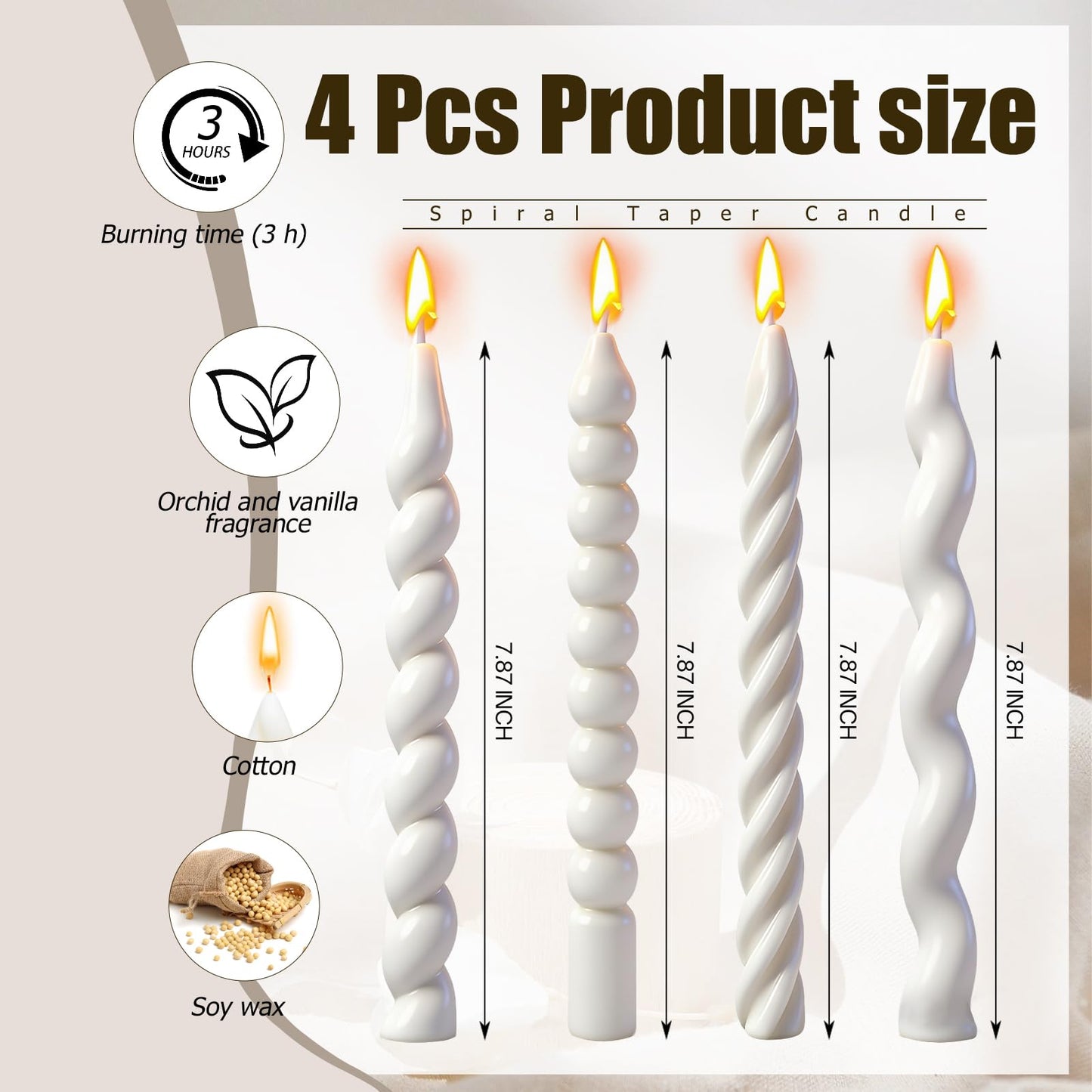 4 PCS 7.87 Inch White Spiral Taper Candle Twisted Long Wax Candles Wave Twisted Ribbed Candlesticks,for Christmas Holiday Valentines Day Wedding Dinner Spring Party Home Decor