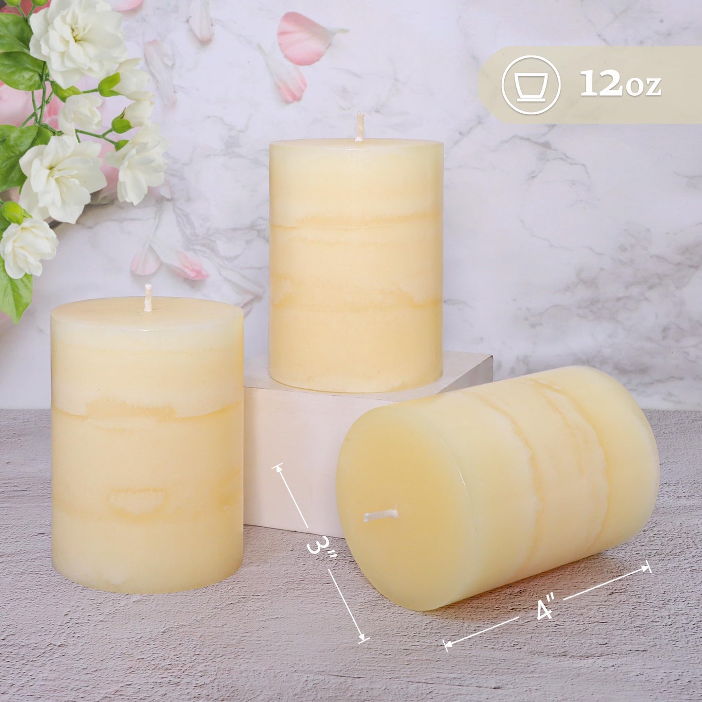 FLAVCHARM 3x4 Inches Jasmine Scented Pillar Candles Ivory White Hand-Poured Candle Long Burning Aromatherapy Candle for Home Scented Wedding Bar Centerpiece Table Decoration, 3 Pack
