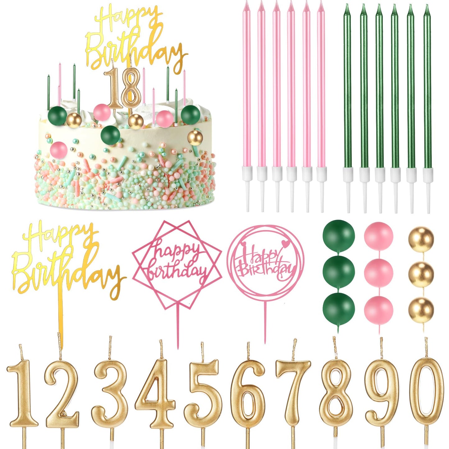 Yerliker 34 Pcs Happy Birthday Cake Toppers Decorations Birthday Candles DIY Cake Decor for Men Women Wedding Anniversary(Gold Green Pink)