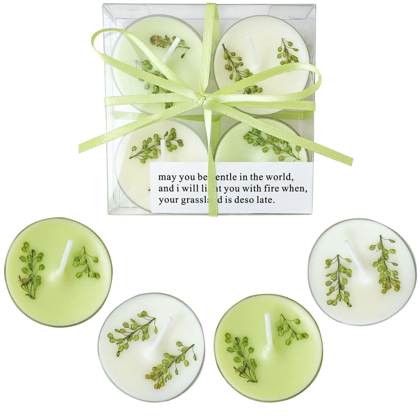 English Pear & Freesia Scented Tea Lights, 4-Pack White & Green Beeswax Soy Wax Tealight Candles with Dried Flower Decoration, Long-Lasting, Ideal for Relaxation, Spa, and Gifts