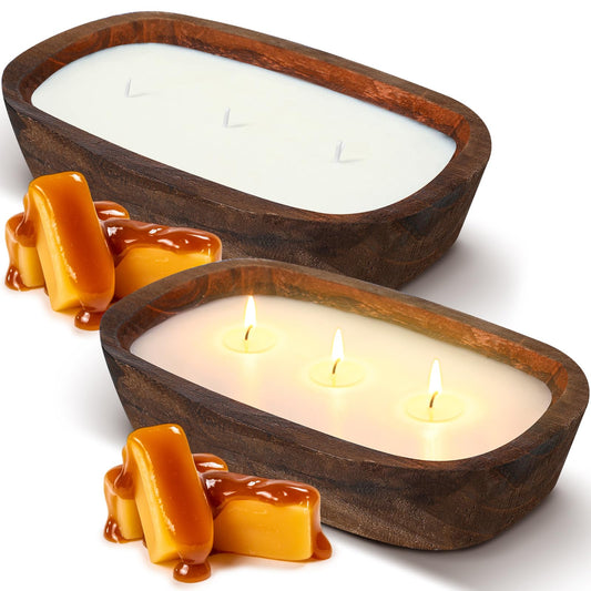 Threlaco 2 Pack Wood Dough Bowl Candle Jar Candle Decorative with Wick Scented Candles Soy Gifts for Men Women Farmhouse Table Centerpiece Home(Caramel)