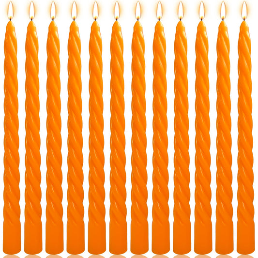 10 Inch Orange Twisted Taper Candles Set for Fall, 12 Pack Unscented Candlesticks, Dripelss Thin Tapered Candles for Halloween Harvest Thanksgiving Party Decoration