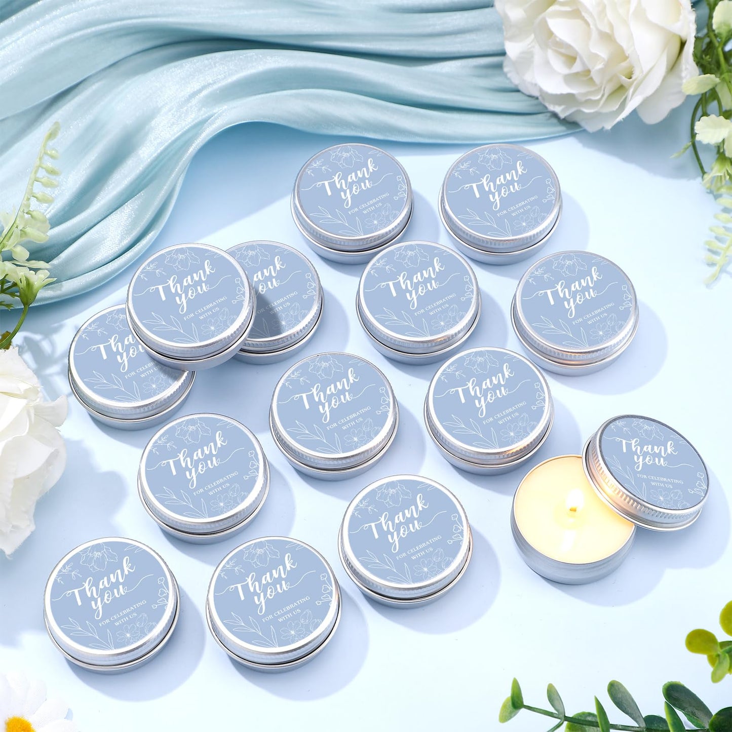 MTLEE 50 Pcs Blue Floral Wedding Thank You Candles Gifts for Guests, Bridal Shower Baby Shower Favors, 1 oz Mini Lavender Scented Soy Wax Candles Tin Bulk for Birthday Aromatherapy Party Favors