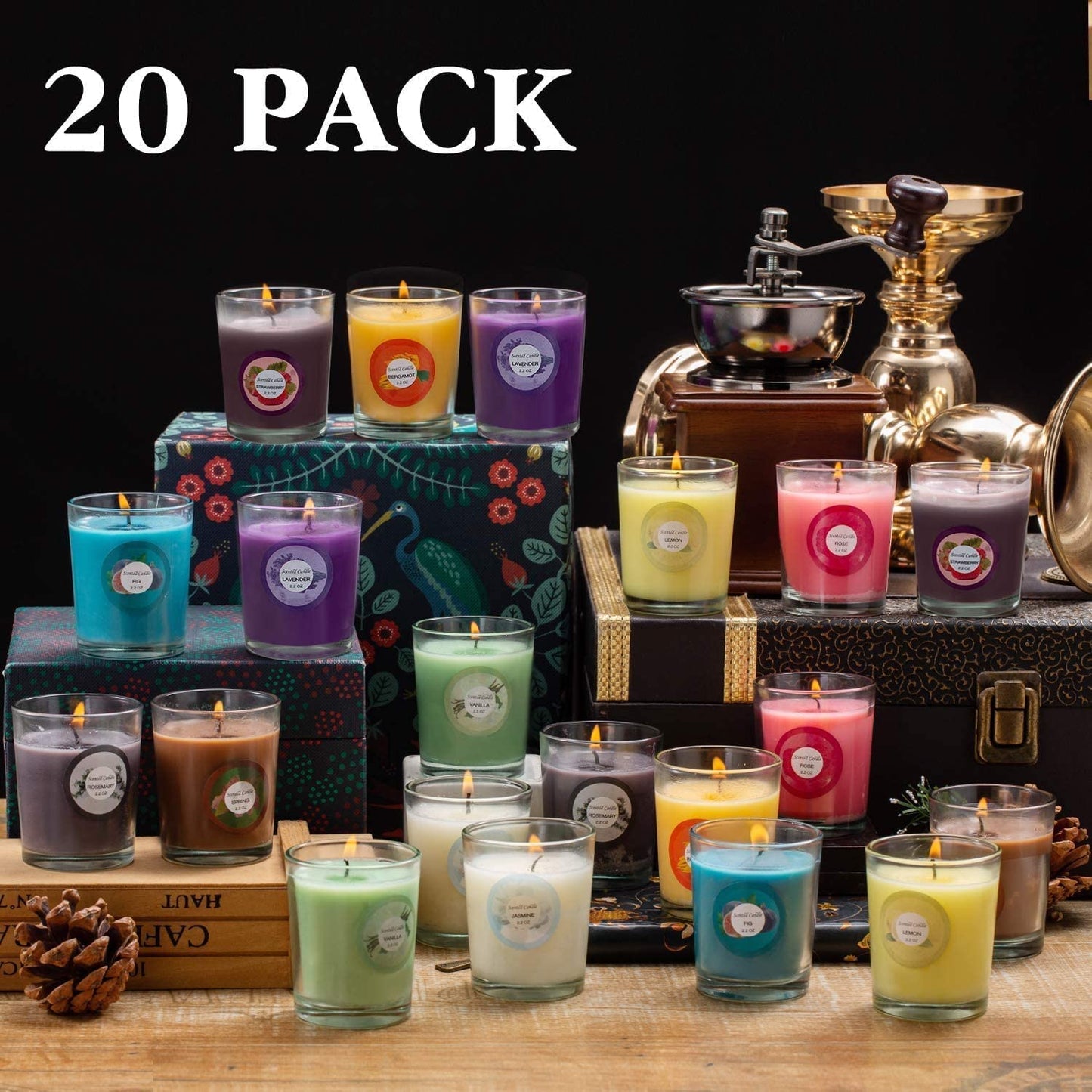 WREXCS Scented Candles with 10 Fragrances Gift Set for Home and Women，2.2oz Aromatherapy Soy Wax Glass Jar Candle，20 Pack