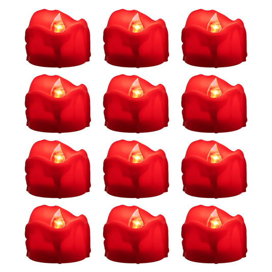 Windshell Red Flickering Flame Tealight Candles with 6H Timer (No Remote), Battery Operated Flameless Tea Lights with Melting Design, for Valentine's Day Christmas Wedding Party, 12 Pack