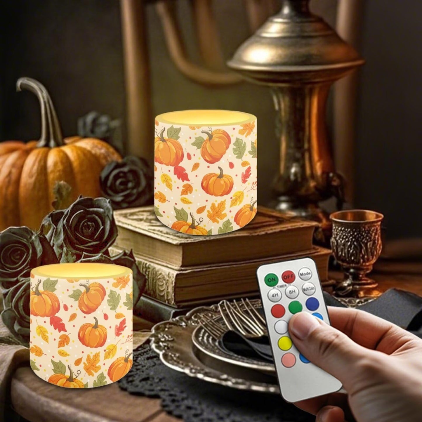 Cozeyat Pumpkin Harvest Dining Room Flameless Candles 4 Pack Battery Operated with Remote Control Timer LED Pillar Candles Waterproof for Indoor Outdoor Use